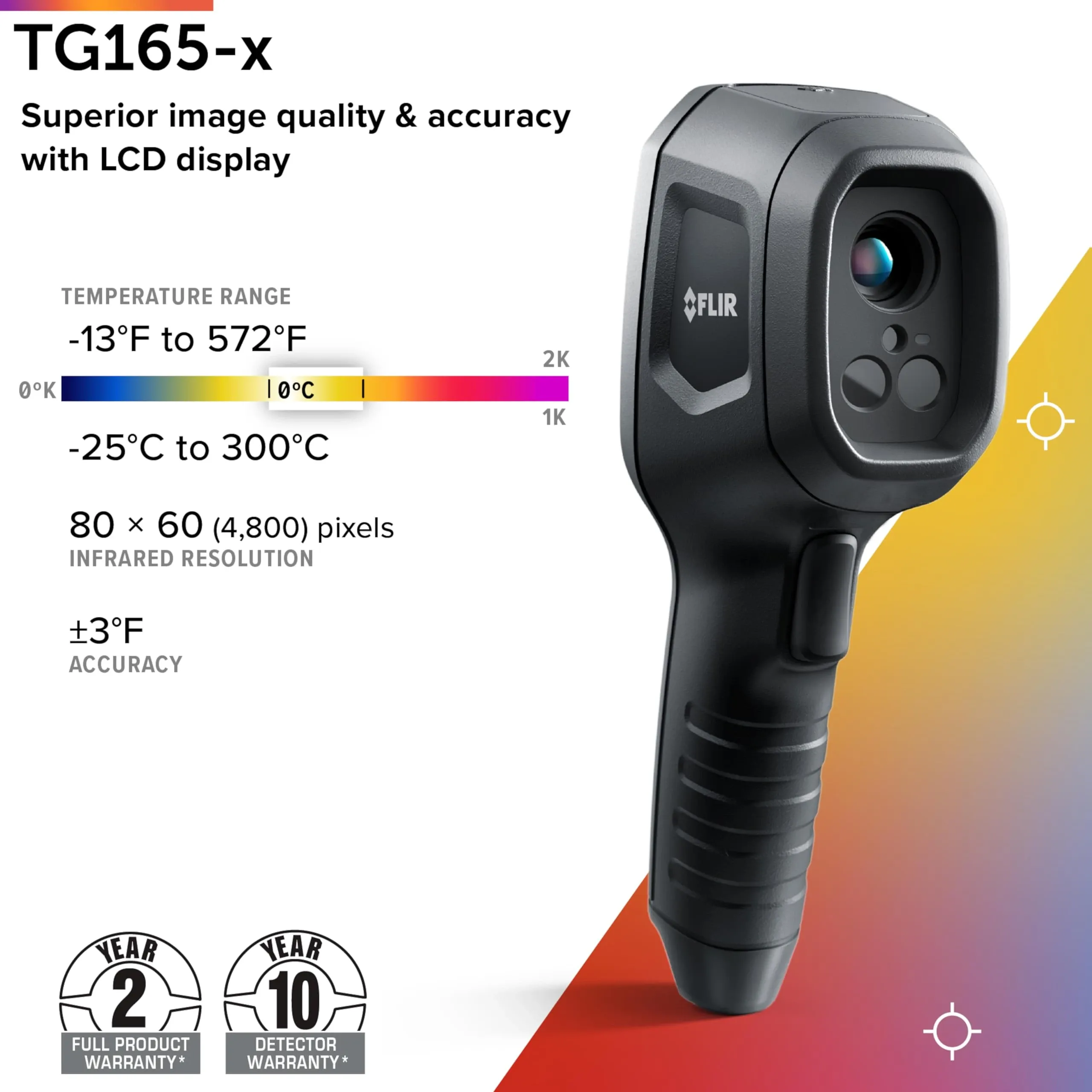 FLIR TG165-X handheld thermal imaging camera shown on a clean white background with product features including temperature range, infrared resolution, and accuracy text.