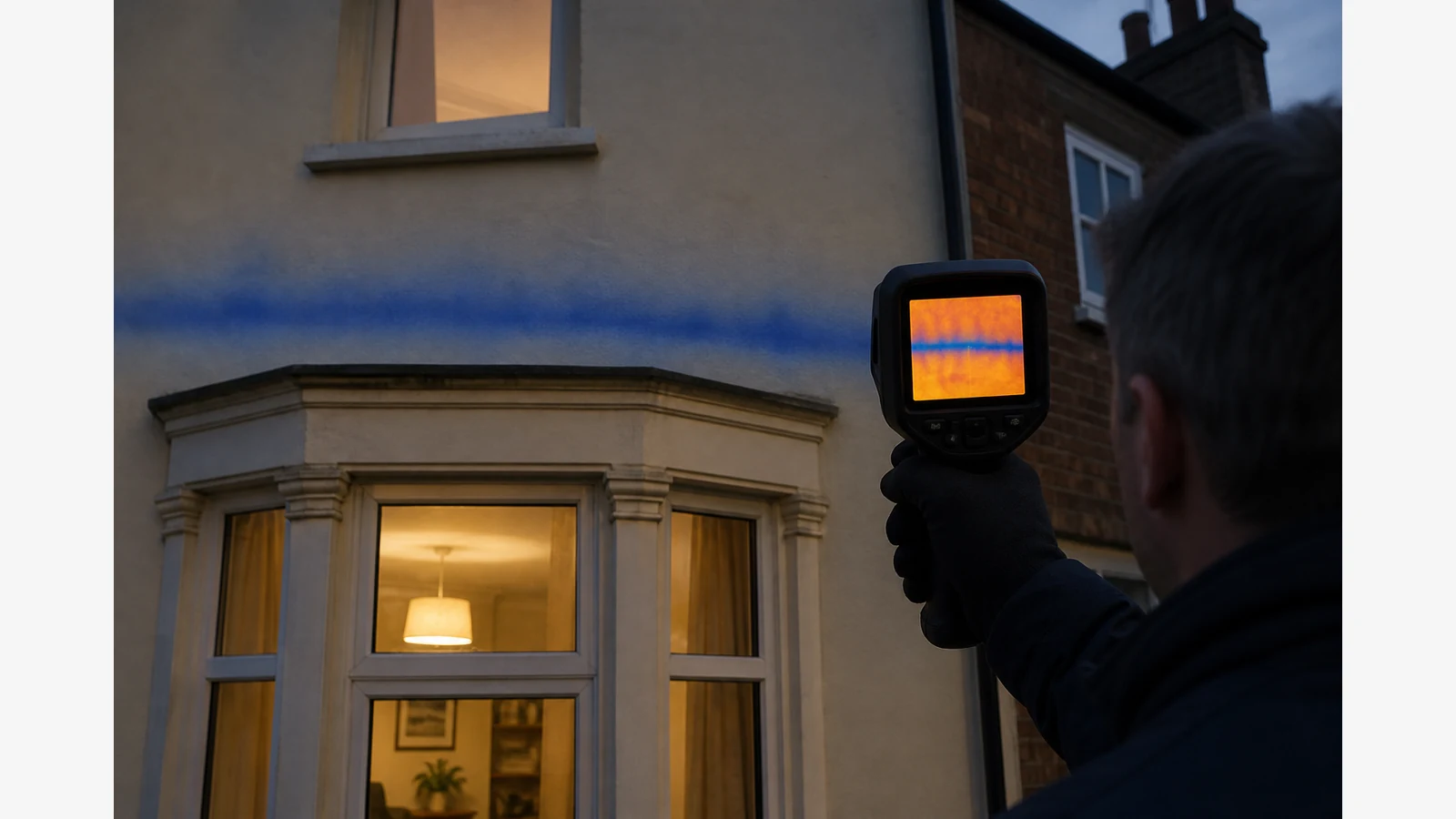 Thermal camera view concept of a cold bridge along a UK window lintel
