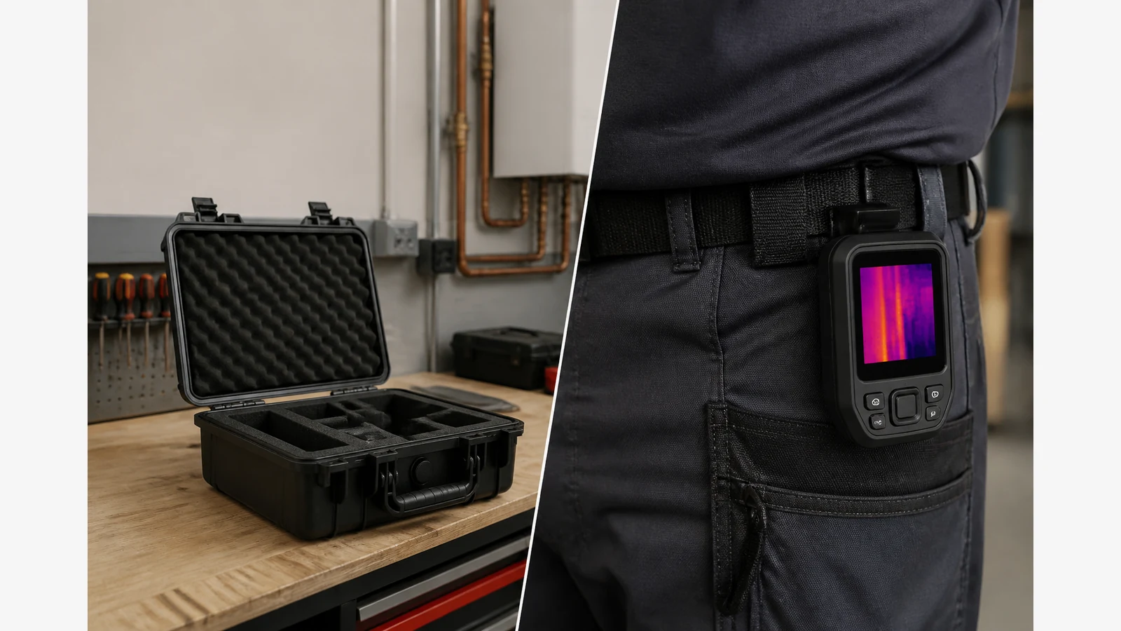 Concept image comparing hiring a thermal camera case versus owning a compact unit for UK trade work