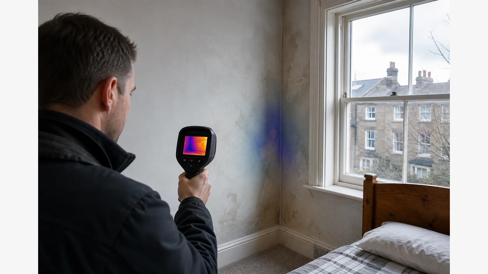 Surveyor using a thermal camera to check a cool wall patch linked to damp risk in a UK home