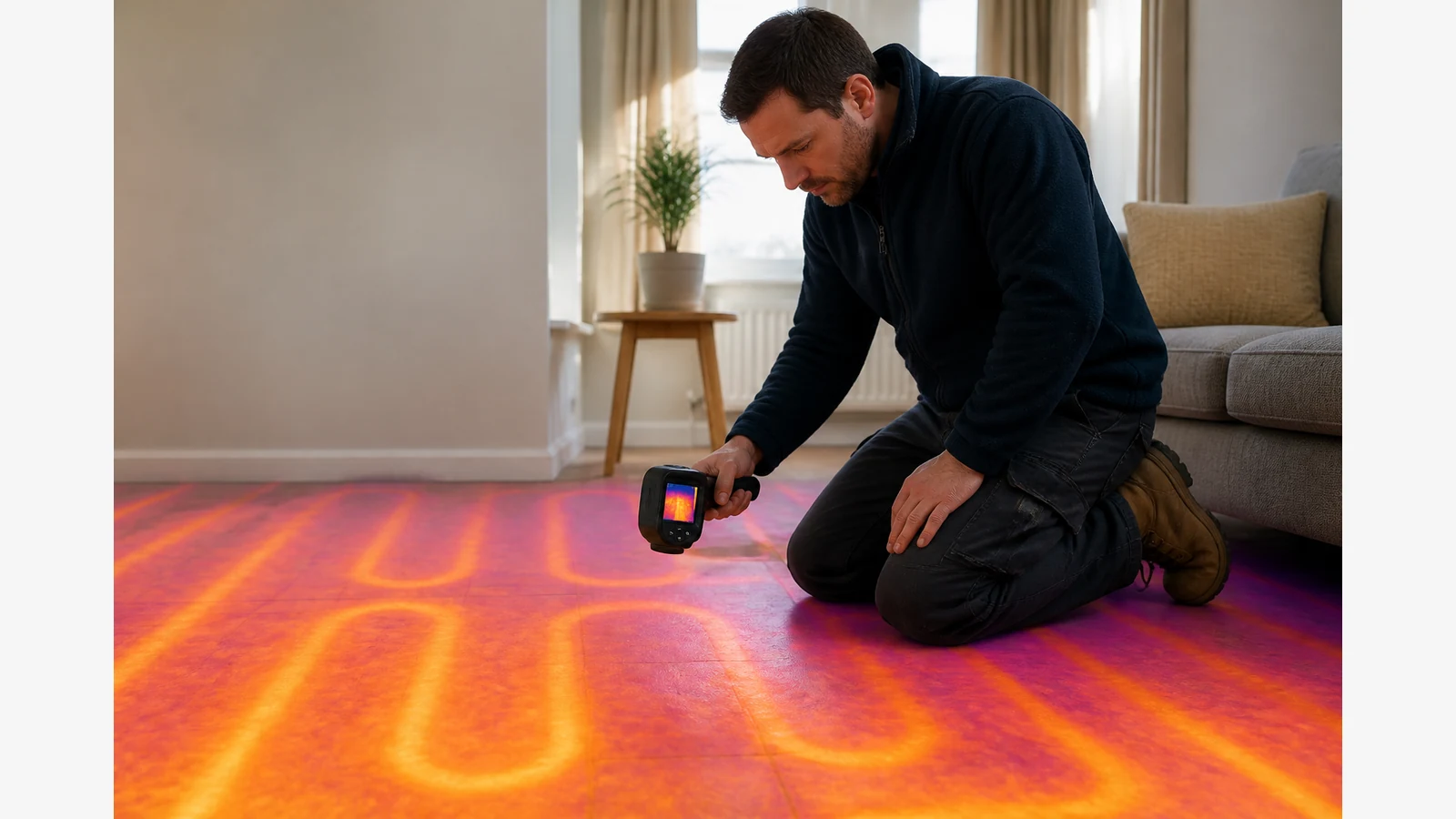 Heating engineer scanning a UK floor with a handheld thermal camera to trace underfloor heating pipes