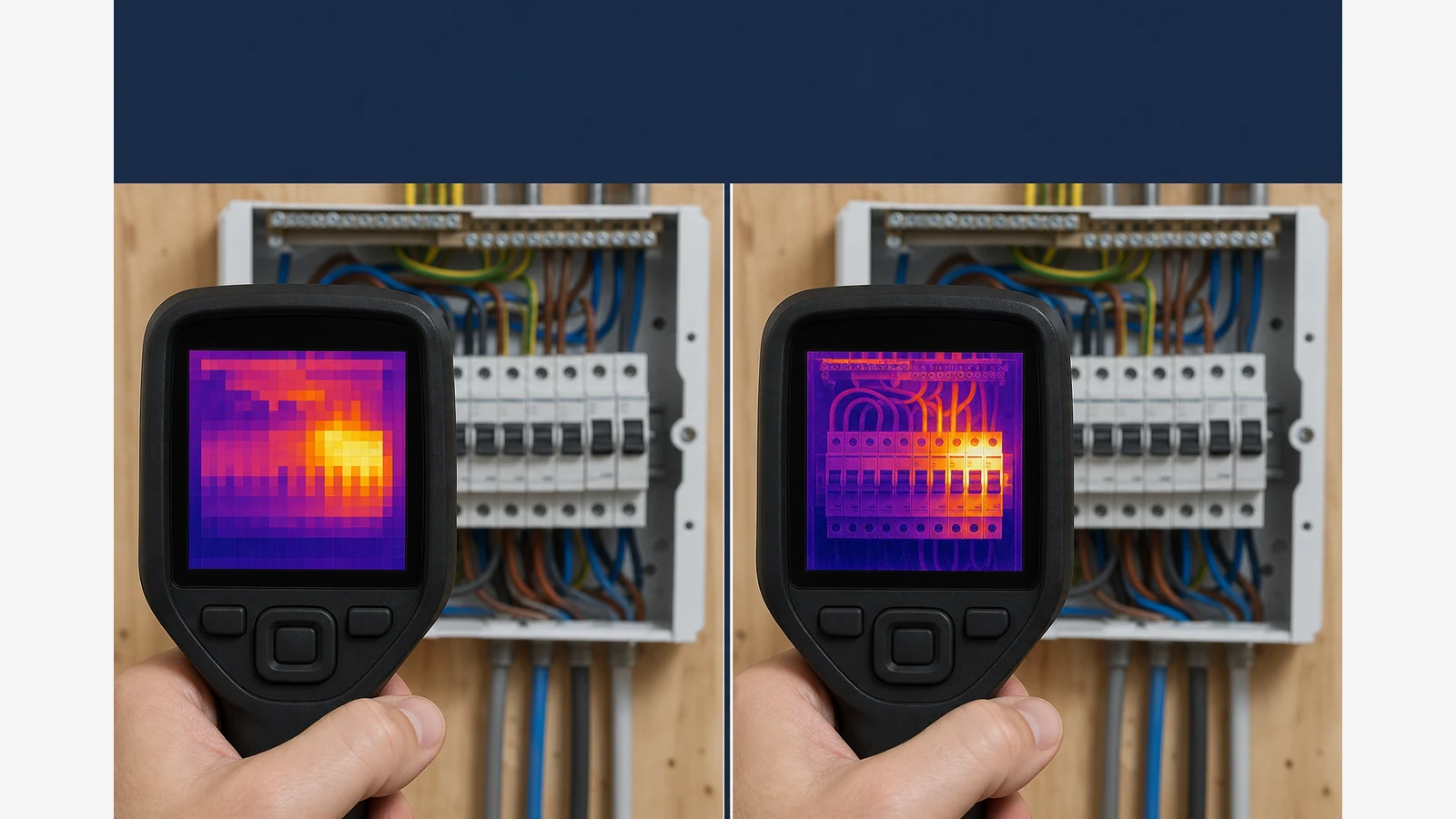 Comparison-style illustration of lower and higher thermal camera resolution on a UK electrical board