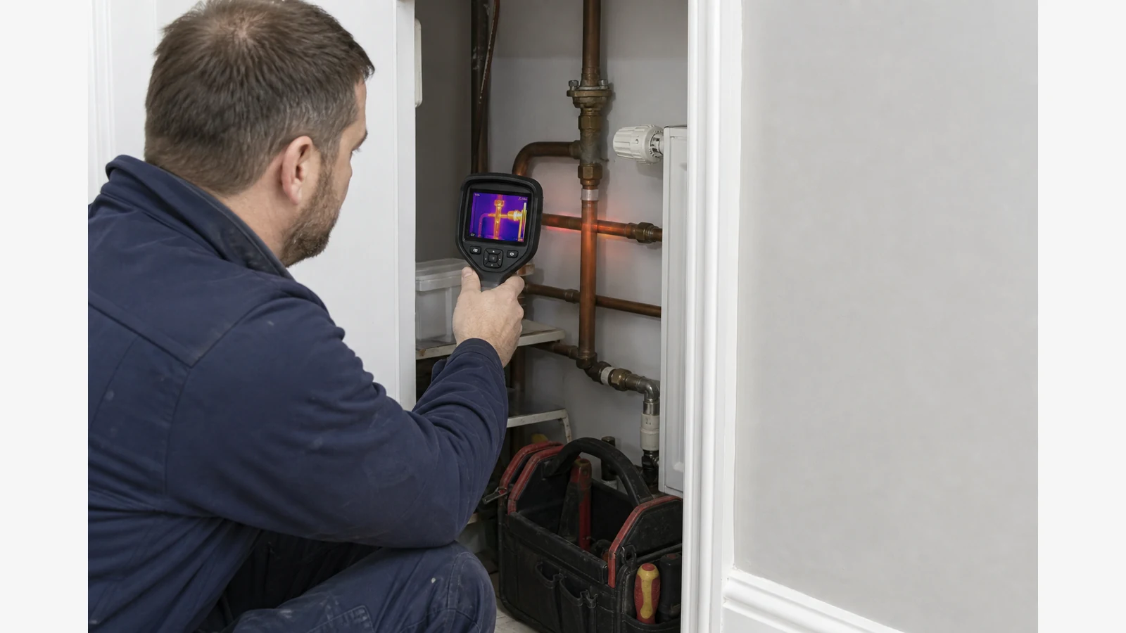UK plumber inspecting pipework with a handheld thermal imaging camera